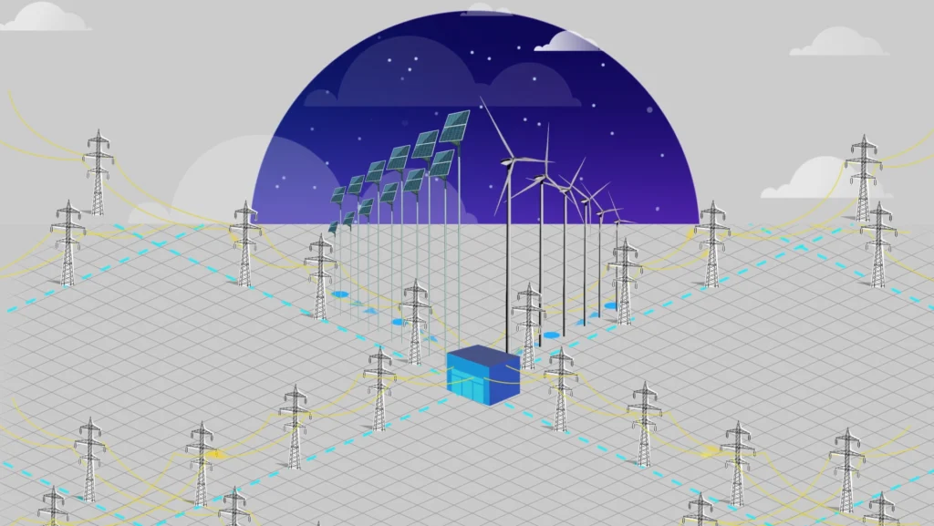 Wideview-produced animated infographic explaining how renewable energy sources stabilize the power grid using advanced energy storage